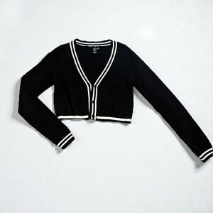 Windsor Black Cropped Cardigan Sweater White Trim V Neck Button Long Sleeve